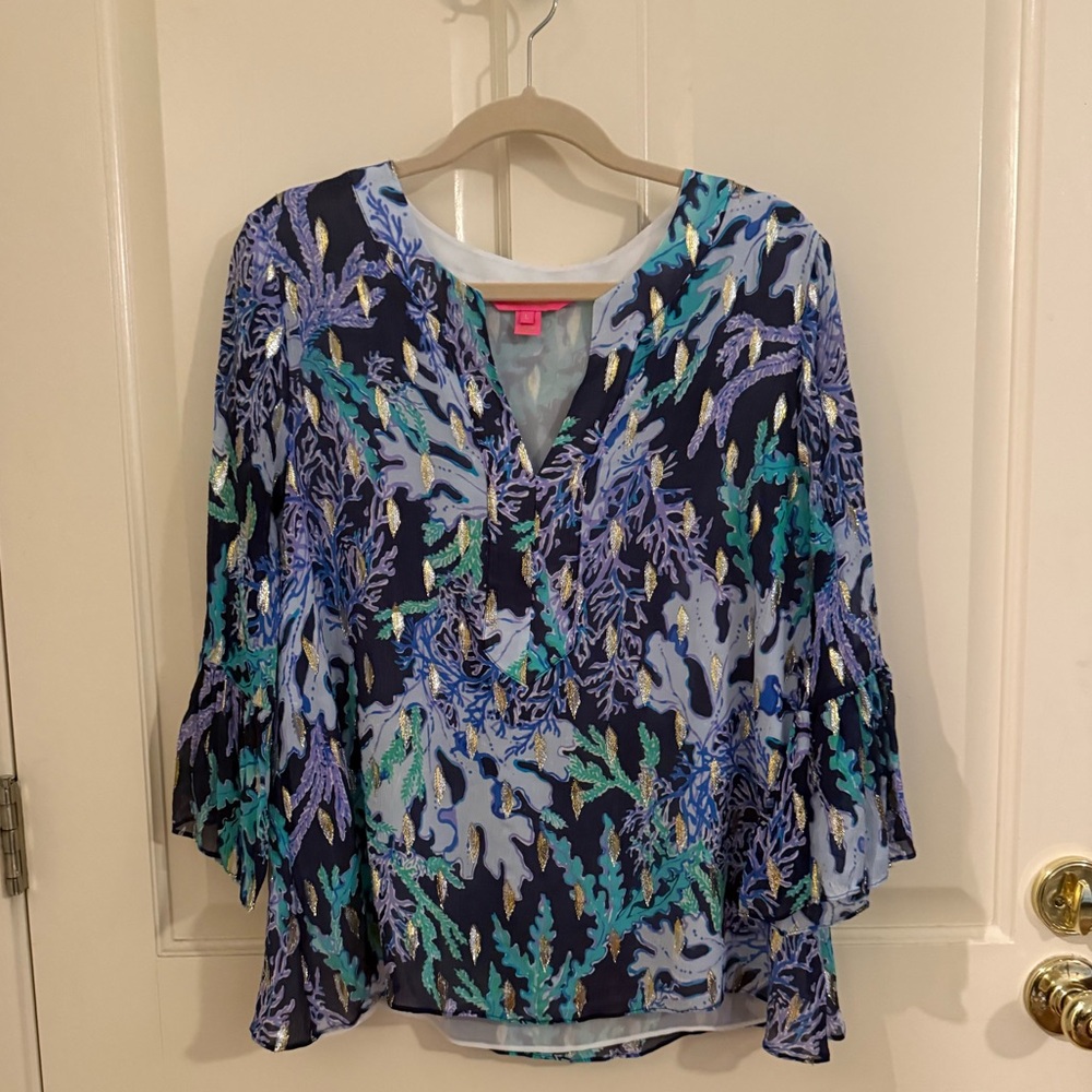 Lilly Pulitzer Elenora Silk Top Deep Indigo Large